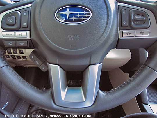 closeup of the 2017 Subaru Outback Premium and Limited steering wheel, with optional eyesight