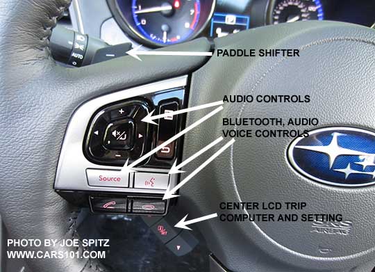 diagrammed closeup of the 2017 Outback Touring gray leather wrapped steering wheel gloss black and silver fingertip controls. Left side audio and cell phone bluetooth controls shown.