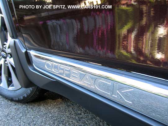 2017 Subaru Outback Touring chrome rocker panel trim with embossed Outback logo, Brilliant brown color shown.