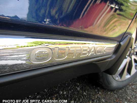 2017 Subaru Outback Touring lower rocker panel chrome strip. Lapis blue car shown.