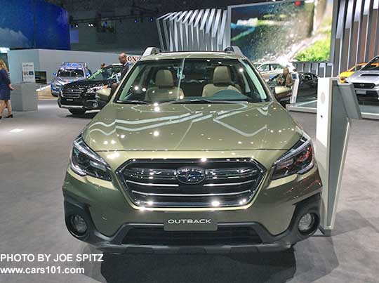 front view, grill, headlights 2018 Outack Limited, wilderness green color, shown at the NY auto show