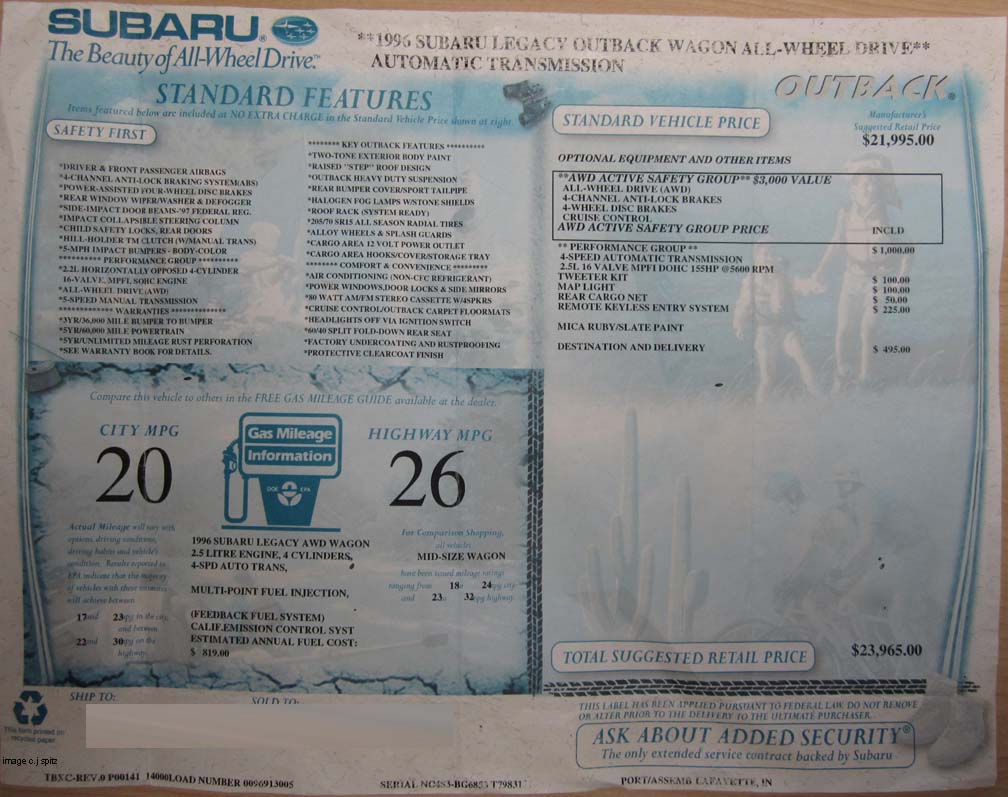 1996 Subaru Outback monroney window price sticker