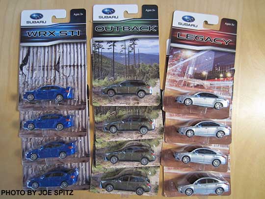 2016 Subaru small diecast Outback, WRXSTI, Legacy, Fall 2015