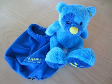 subaru rally blue bear in a pouch
