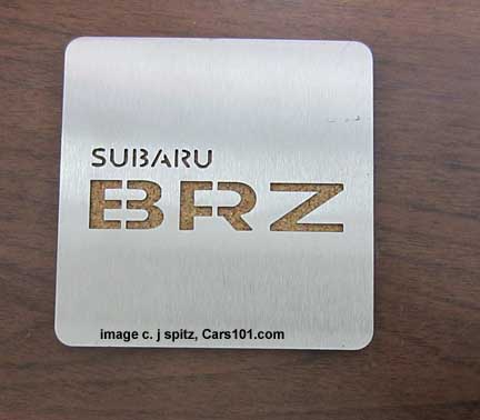 Subaru stainless BRZ drink coaster. photo by Joe Spitz, Cars101.com
