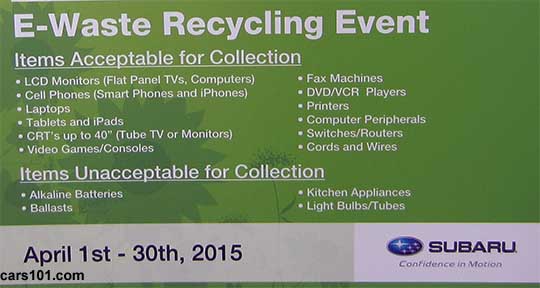 list of acceptable e-waste accepted April 1-30 2015 at the Western U.S. Subaru Dealer's Electronic Waste e-waste recyling event