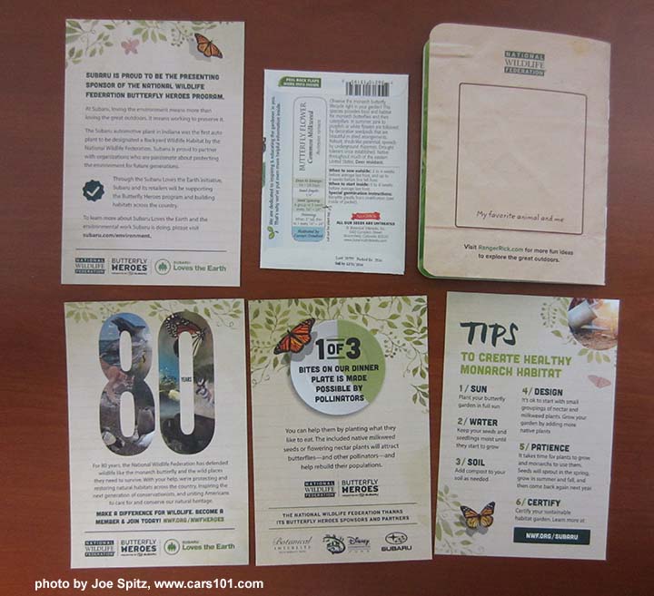Subaru Loves The Earth Monarch butterfly infomation cards and milkweed seed pack. April 2016