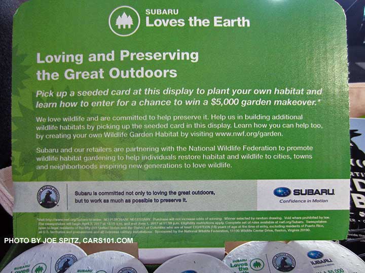 2017 Subaru Loves the Earth garden tool and birdhouse display with free, easy to plant, paper seed disks.