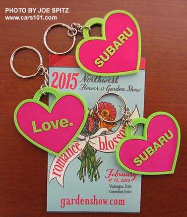 Subaru is a sponsor of the 2015 NW Flower and Garden Show. This year they had Subaru/Love heart shaped keychains