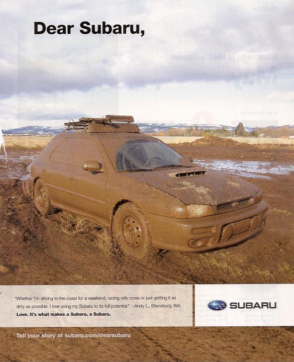 dirty Subaru Impreza magazine ad from June 2010