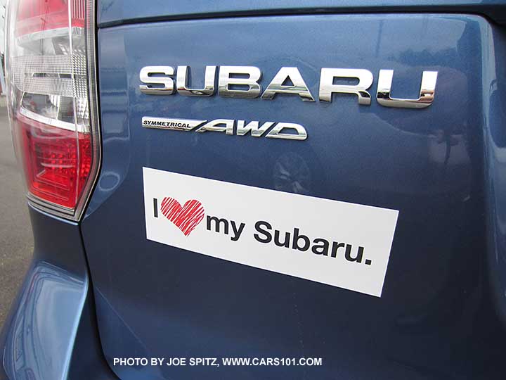 Subaru Valentine's Day True Love Event 2016 free magnetic 'I Love My Subaru' bumper  (rear gate or trunk) stickers available at dealers.