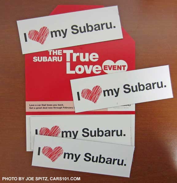 Subaru True Love Event 2016 with magnetic 'I Love (heart) My Subaru' rear gate or trunk stickers with a mirror hang-tag