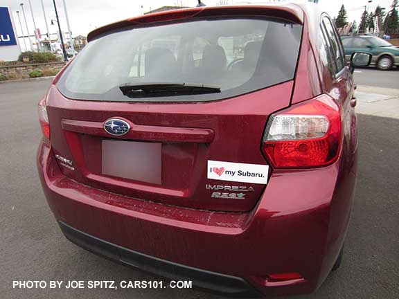 Subaru True Love event 2016 with magnetic 'I heart my Subaru' rear gate or trunk stickers on an Impreza 5 door