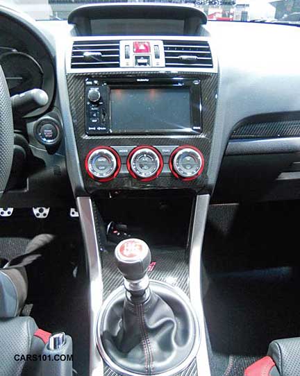 2015 STI Limited center console with dual zone climate control, pushbutton start, carbonfiber plastic  trim, and navigation
