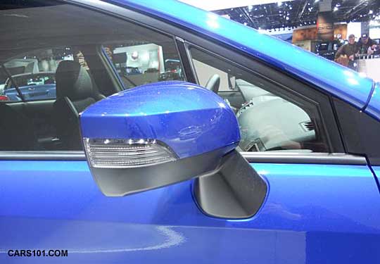 2015 STI outside mirror with integrated turn signal, rally blue shown