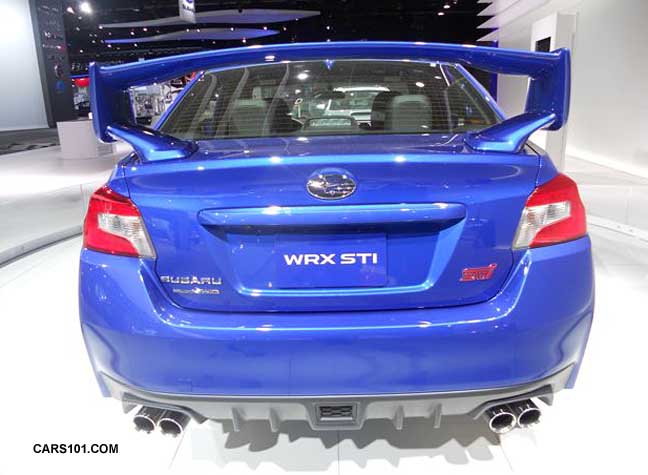 2015 Subaru STI trunk and rear spoiler, WR Blue shown