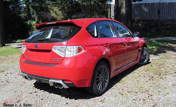 2012 WRX 5 door, rear view, optional rear bumper cover and exhaust tip finishers, lightning red