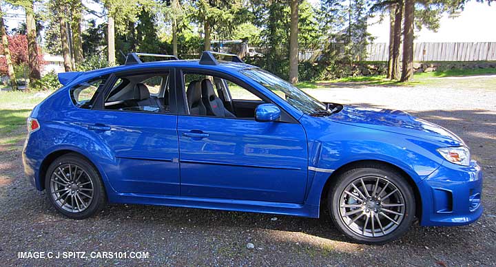 wr blue 2013 wrx 5 door hatchback, with optional crossbars, side moldings
