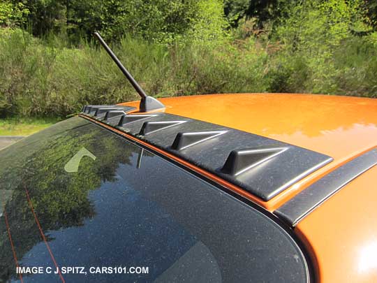 subaru roof mounted vortex generator shown on 2013 sti special edition orange 4 dr sedan