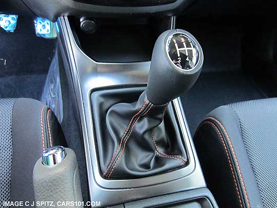2013 wrx special edition 5 speed manual shifter with orange stitching on the boot