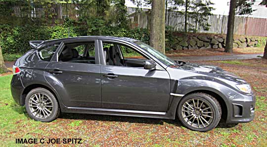 side view 2014 dark gray subaru wrx hatchback 5 door wagon