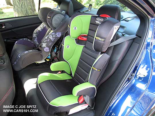 2 child seats in the back seat of a 2018, 2017, 2016 and 2015 Subaru WRX