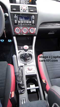 2015 STI console, black Alcantara with red and black leather bolsters