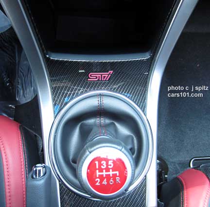 2015 STI shift knob has red shift pattern, leather wrapped