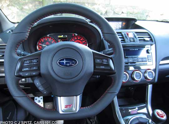2015 STI steering wheel, red stitching, dimpled hand grips