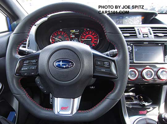 2015 WRX STI steering wheel with red stitching and dimpled hnad grips