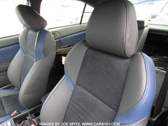 closeup of 2015 Subaru STI Launch Edition alcantara with blue leather bolsters