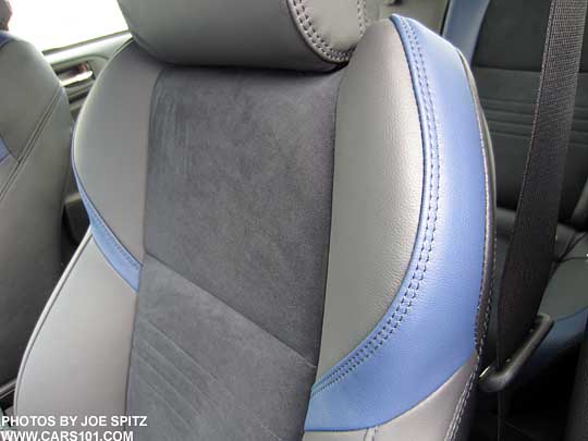 closeup of 2015 Subaru STI Launch Edition alcantara with blue leather bolsters