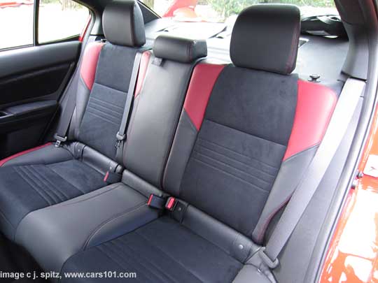2015 STI  rear seat, black alcantara seating surfaces, red accented bolsters