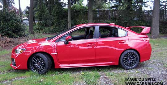 side view, lightning red 2015 STI