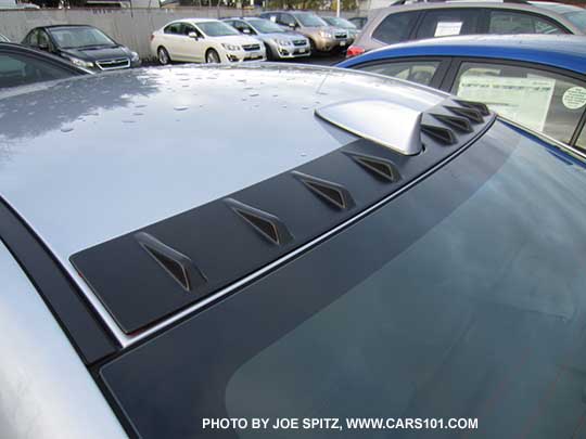 ice silver 2015 WRX with optional rear vortex generator on the rear of the roof by the antenna