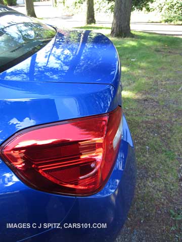 close-up of 2015 WRX without rear spoiler, WRBlue color