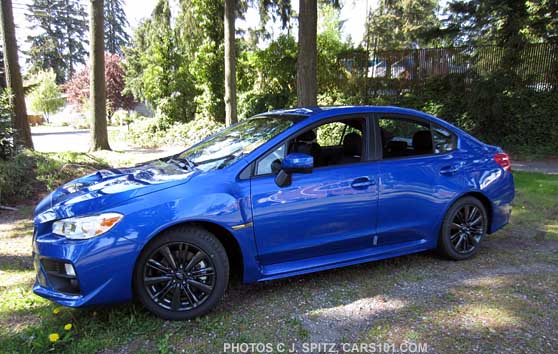 WR Blue 2015 WRX side view, no rear spoiler