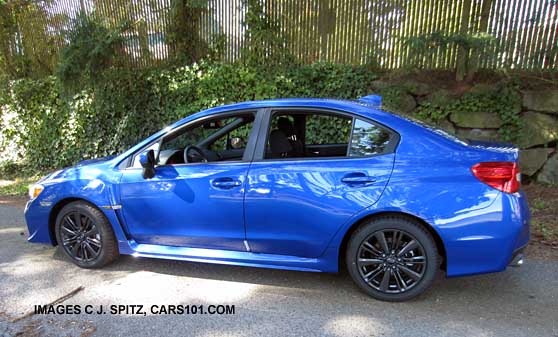 WR Blue 2015 WRX side view, no rear spoiler