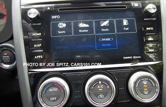 2016 7" audio SiriusXM Travel Link screen with Sports, Weather, Stock and Weather reports.  WRX shown