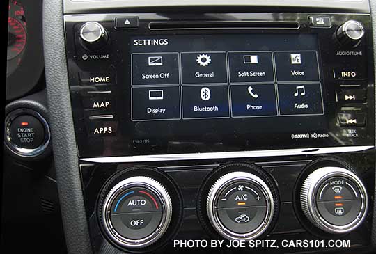 2016 WRX and STI  7" audio Settings screen with controls and master settings for display, phone, bluetooth, audio. WRX shown