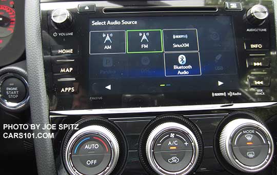 2016 WRX and STI  7" audio system music source screen with AM, Fm, Bluetooth, XM. No CD inserted and no phone connected so not showing Pandora, Aha, USB. WRX shown