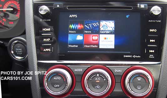 2016 WRX and STI 7" audio system at the Starlink screen with Stitcher, Weather, iHeart radio, News, Music, Calendar functions. STI model shown.