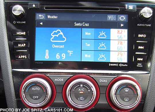 2016 WRX andf STI 7" audio at the Subaru Starlink app Weather screen. STI shown.