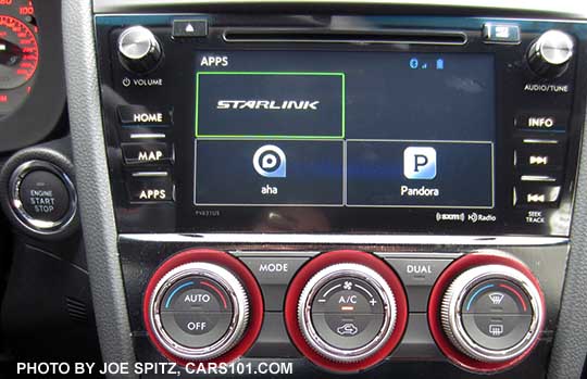 2016 WRX and STI 7" audio system showing the App screen with Starlink, Pandora, Aha. STI model shown