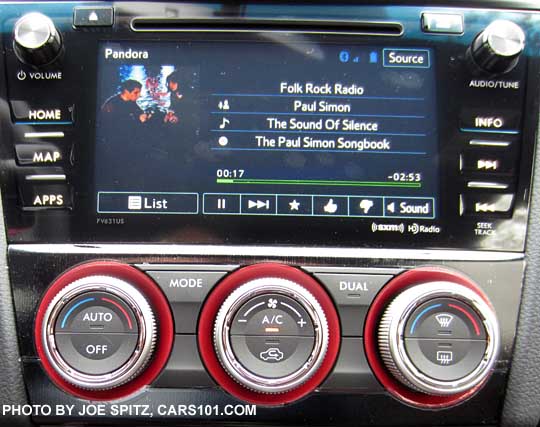 2016 WRX and STI  7" audio Pandora screen showing folk rock radio. STI shown.