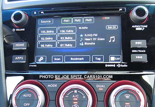 2016 WRX, STI 6.2" audio screeen and the FM pre-set radio station screen. STI shown with dual zone climate control.