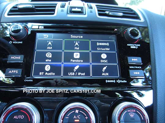 2016 WRX, WRX Premium, WRX Limited, and STI standard 6.2" audio system showing music sources. WRX shown with single zone climate control