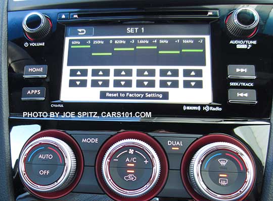 2016 Subaru WRX, STI  6.2" LCD audio music tune graphic equalizer settings screen. STI shown with dual temperature settings.