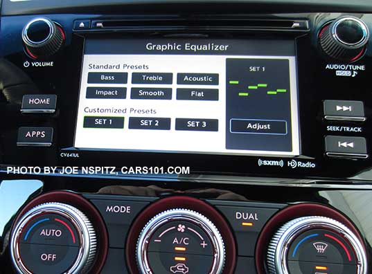 2016 WRX and STI  6.2" LCD audio system at the music tune egraphic equalizer screen. STI shown with dual temperature settings.