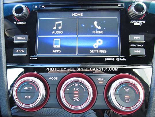 2016 WRX and STI  6.2" LCD audio system touchscreen aa the home screen with audio, phone, apps, settings tiles. STI shown with dual temperature settings.